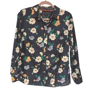 Talbots Womens Navy Blue Floral Cotton Button Down Shirt Polka Dot Trim Small